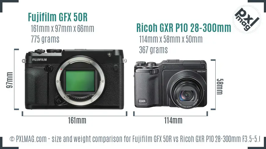 Fujifilm GFX 50R vs Ricoh GXR P10 28-300mm F3.5-5.6 VC size comparison