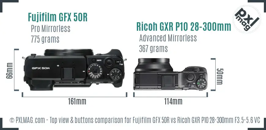 Fujifilm GFX 50R vs Ricoh GXR P10 28-300mm F3.5-5.6 VC top view buttons comparison
