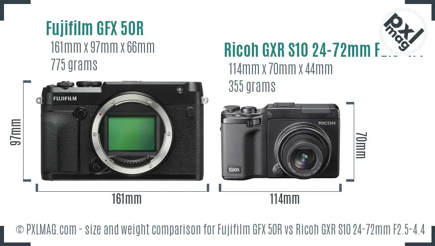 Fujifilm GFX 50R vs Ricoh GXR S10 24-72mm F2.5-4.4 VC size comparison