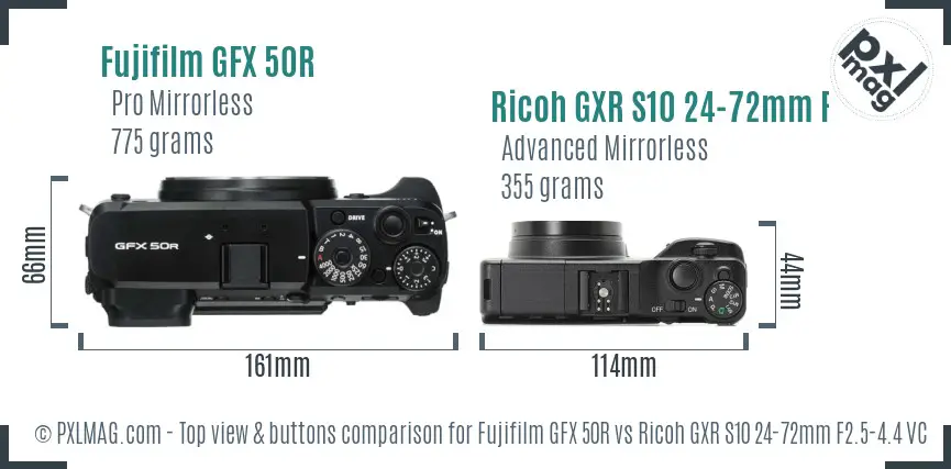 Fujifilm GFX 50R vs Ricoh GXR S10 24-72mm F2.5-4.4 VC top view buttons comparison