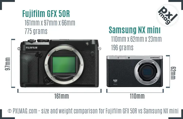Fujifilm GFX 50R vs Samsung NX mini size comparison