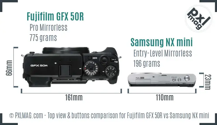 Fujifilm GFX 50R vs Samsung NX mini top view buttons comparison