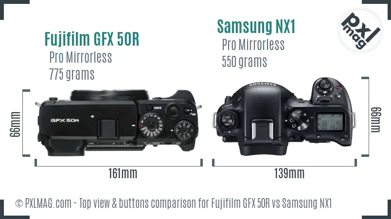 Fujifilm GFX 50R vs Samsung NX1 top view buttons comparison Fujifilm GFX 50R vs Samsung NX1 top view buttons comparison