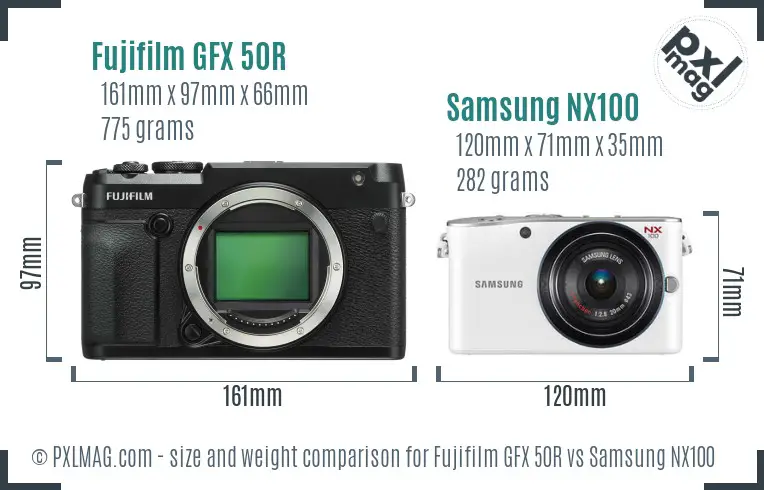 Fujifilm GFX 50R vs Samsung NX100 size comparison