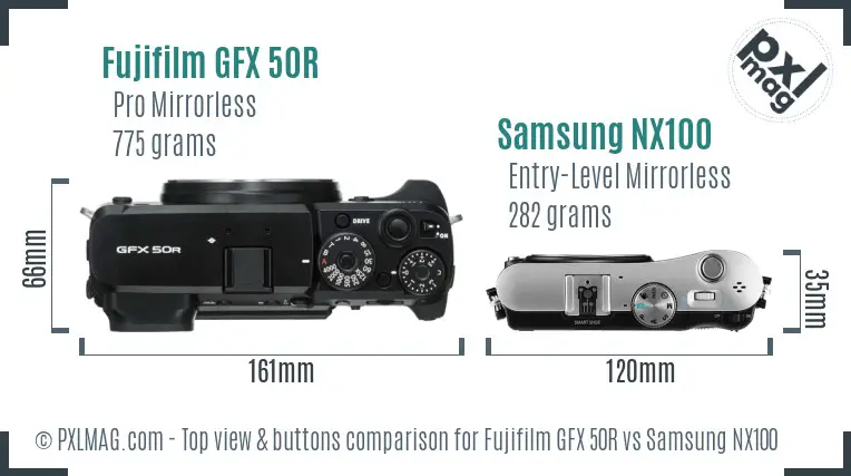 Fujifilm GFX 50R vs Samsung NX100 top view buttons comparison