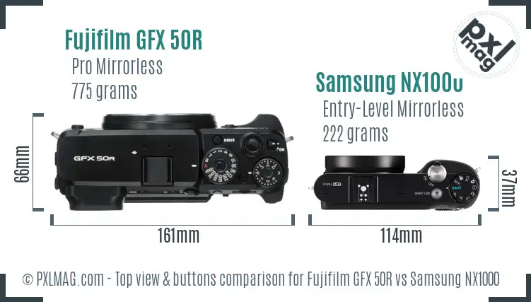 Fujifilm GFX 50R vs Samsung NX1000 top view buttons comparison