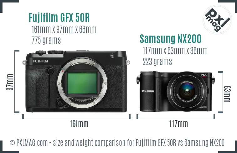 Fujifilm GFX 50R vs Samsung NX200 size comparison