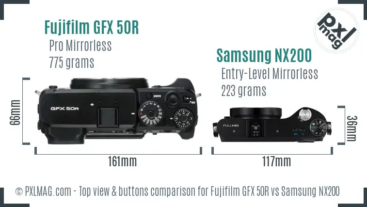 Fujifilm GFX 50R vs Samsung NX200 top view buttons comparison