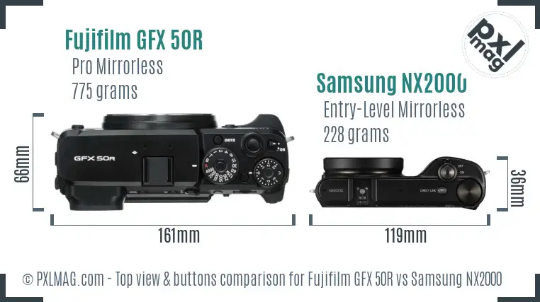 Fujifilm GFX 50R vs Samsung NX2000 top view buttons comparison