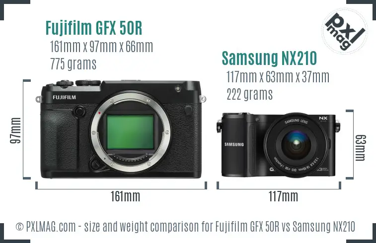 Fujifilm GFX 50R vs Samsung NX210 size comparison