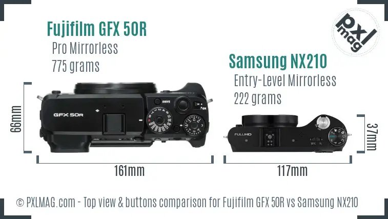 Fujifilm GFX 50R vs Samsung NX210 top view buttons comparison