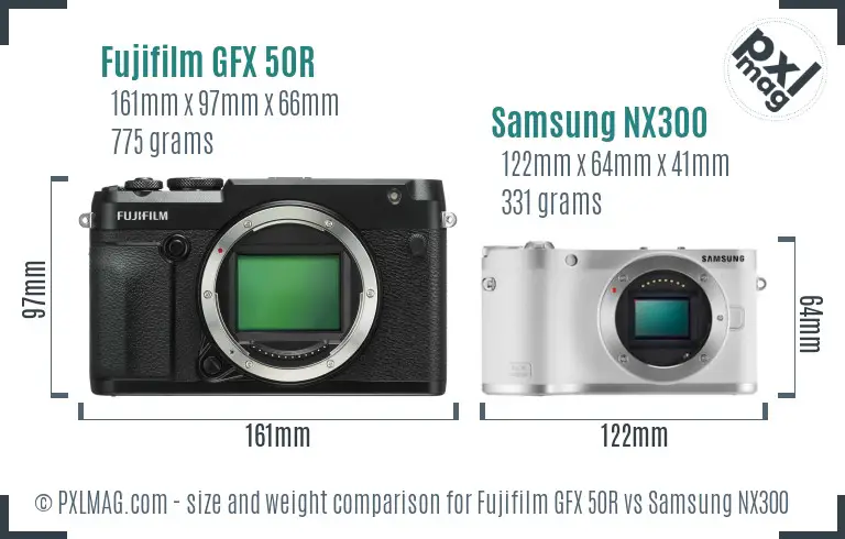 Fujifilm GFX 50R vs Samsung NX300 size comparison
