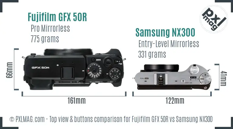 Fujifilm GFX 50R vs Samsung NX300 top view buttons comparison