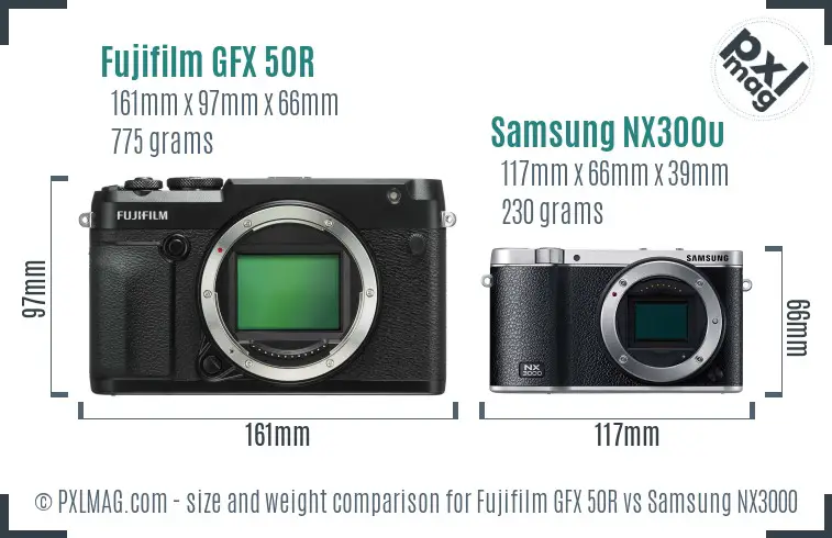 Fujifilm GFX 50R vs Samsung NX3000 size comparison