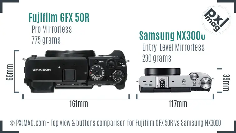 Fujifilm GFX 50R vs Samsung NX3000 top view buttons comparison