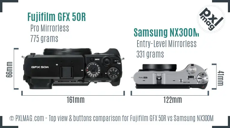Fujifilm GFX 50R vs Samsung NX300M top view buttons comparison Fujifilm GFX 50R vs Samsung NX300M top view buttons comparison