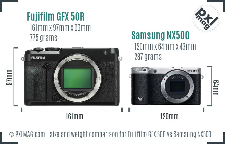 Fujifilm GFX 50R vs Samsung NX500 size comparison