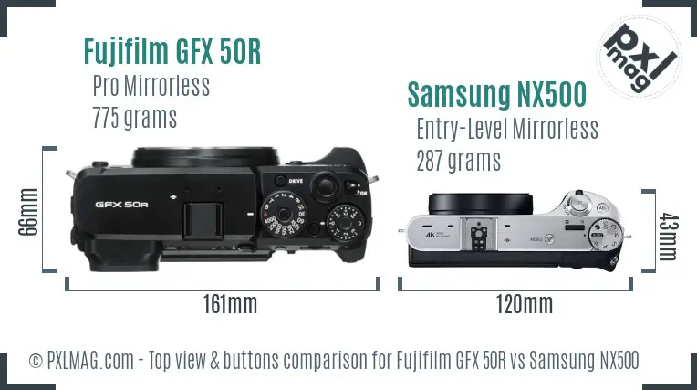 Fujifilm GFX 50R vs Samsung NX500 top view buttons comparison