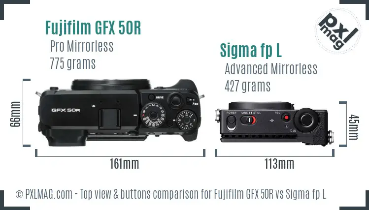 Fujifilm GFX 50R vs Sigma fp L top view buttons comparison
