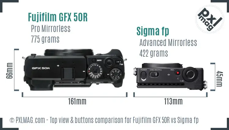 Fujifilm GFX 50R vs Sigma fp top view buttons comparison