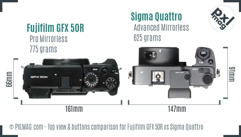 Fujifilm GFX 50R vs Sigma Quattro top view buttons comparison