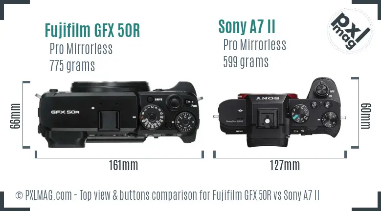 Fujifilm GFX 50R vs Sony A7 II top view buttons comparison