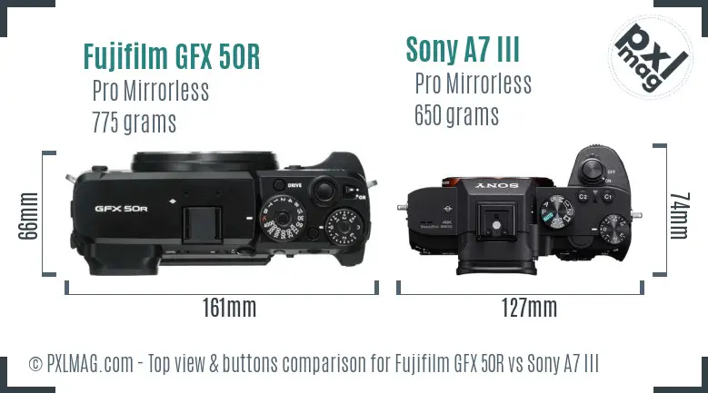 Fujifilm GFX 50R vs Sony A7 III top view buttons comparison