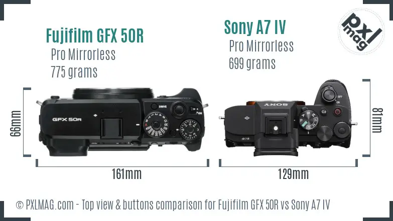 Fujifilm GFX 50R vs Sony A7 IV top view buttons comparison