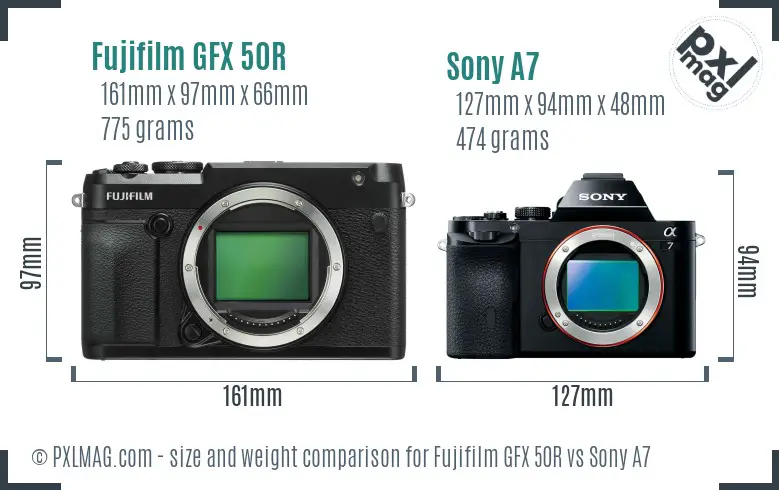 Fujifilm GFX 50R vs Sony A7 size comparison