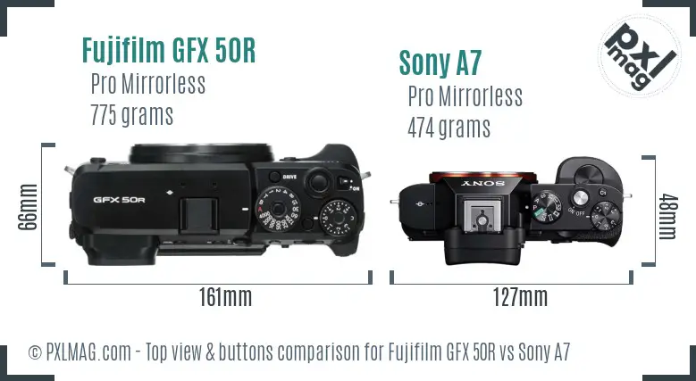 Fujifilm GFX 50R vs Sony A7 top view buttons comparison