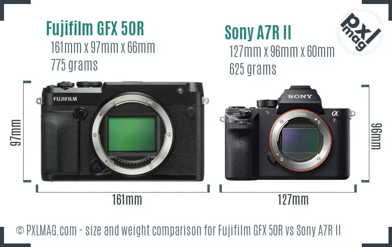 Fujifilm GFX 50R vs Sony A7R II size comparison