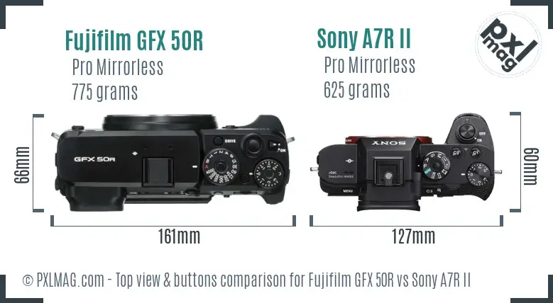 Fujifilm GFX 50R vs Sony A7R II top view buttons comparison