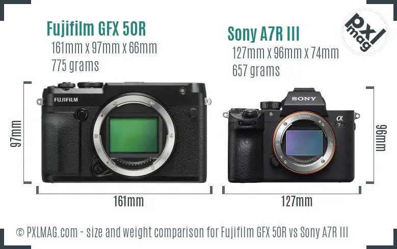 Fujifilm GFX 50R vs Sony A7R III size comparison