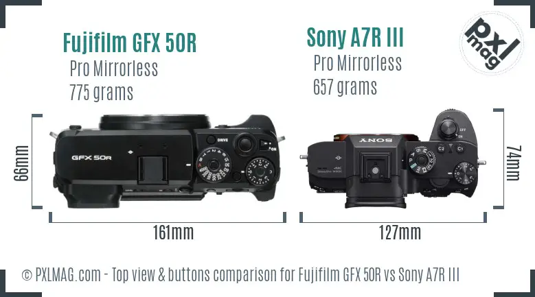 Fujifilm GFX 50R vs Sony A7R III top view buttons comparison