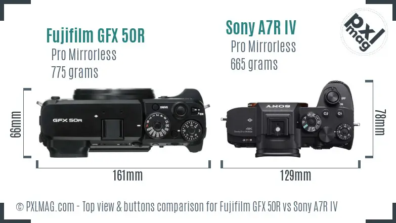 Fujifilm GFX 50R vs Sony A7R IV top view buttons comparison