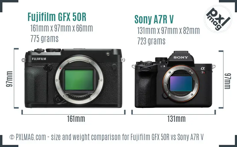 Fujifilm GFX 50R vs Sony A7R V size comparison