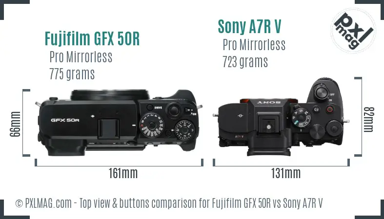 Fujifilm GFX 50R vs Sony A7R V top view buttons comparison