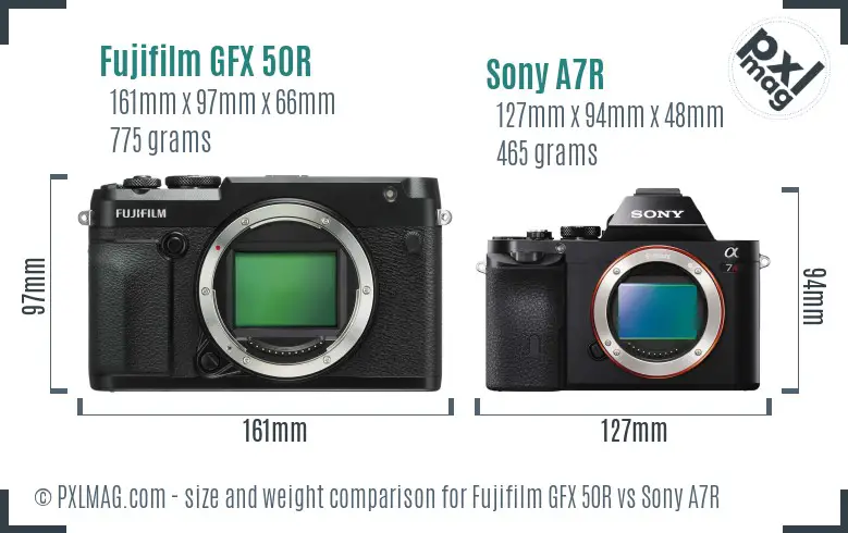 Fujifilm GFX 50R vs Sony A7R size comparison