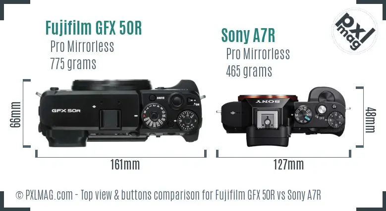 Fujifilm GFX 50R vs Sony A7R top view buttons comparison