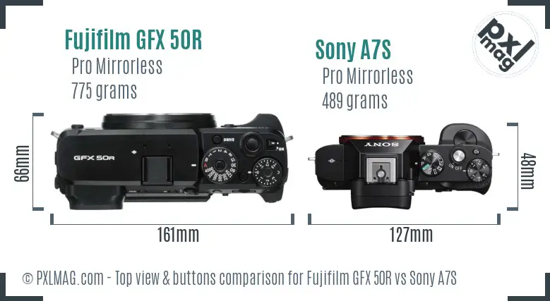 Fujifilm GFX 50R vs Sony A7S top view buttons comparison