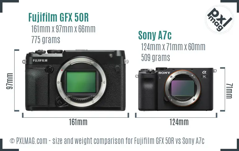 Fujifilm GFX 50R vs Sony A7c size comparison