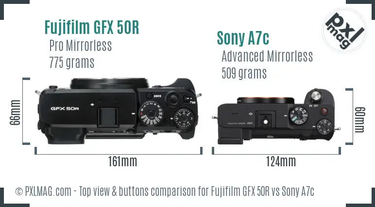 Fujifilm GFX 50R vs Sony A7c top view buttons comparison