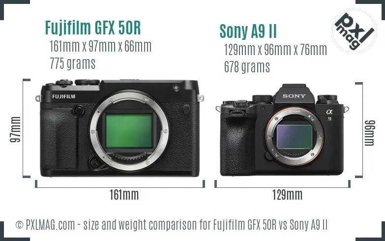 Fujifilm GFX 50R vs Sony A9 II size comparison