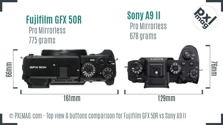 Fujifilm GFX 50R vs Sony A9 II top view buttons comparison