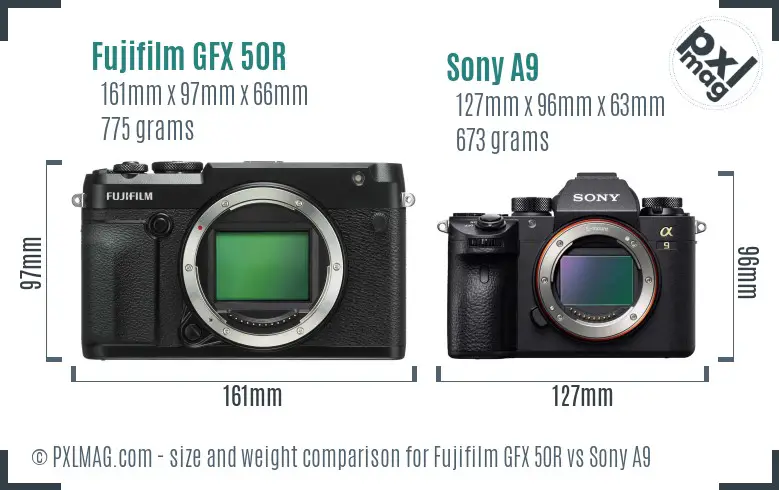 Fujifilm GFX 50R vs Sony A9 size comparison
