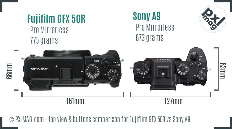 Fujifilm GFX 50R vs Sony A9 top view buttons comparison