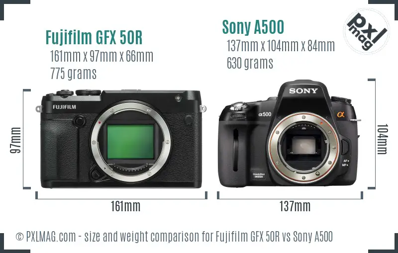 Fujifilm GFX 50R vs Sony A500 size comparison