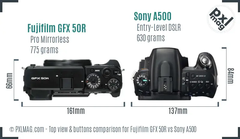Fujifilm GFX 50R vs Sony A500 top view buttons comparison