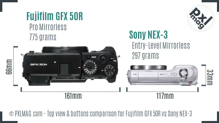 Fujifilm GFX 50R vs Sony NEX-3 top view buttons comparison