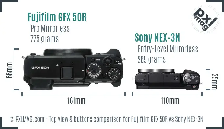 Fujifilm GFX 50R vs Sony NEX-3N top view buttons comparison